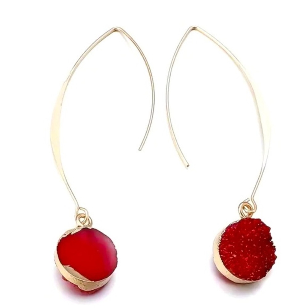Gold red sparkle druzy like stone drop earrings half hoop